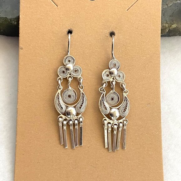 VTG Sterling Silver 925 Filigree Spun Silver Fringe Dangle Drop Earrings - Picture 9 of 14